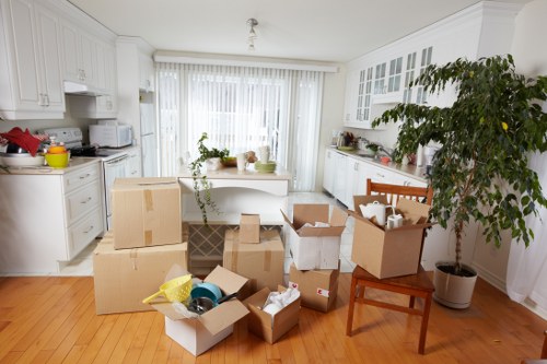 A bright, spacious kitchen with white cabinetry and a light wooden floor, illuminated by natural light through large window curtains. Several cardboard boxes of various sizes, some open and others closed, are scattered across the floor, containing household items such as paper packaging, plastic containers, and small kitchenware. A small, blue plastic basin and a yellow dishcloth are also visible among the boxes. To the right side of the image, a tall potted plant with green foliage is situated near a wooden chair, which is positioned adjacent to the boxes. The kitchen counters are lined with items including a microwave, toaster, and decorative plants, with additional kitchenware on the countertop. The scene appears to depict a house clearance or move, with minimal furniture and packing materials in place, and the background shows white cabinets and a partly visible dining area with a window covered by sheer curtains. The image emphasizes the residential interior setting, typical of a house removal in the Paddington area, with a focus on household details and the moving process.