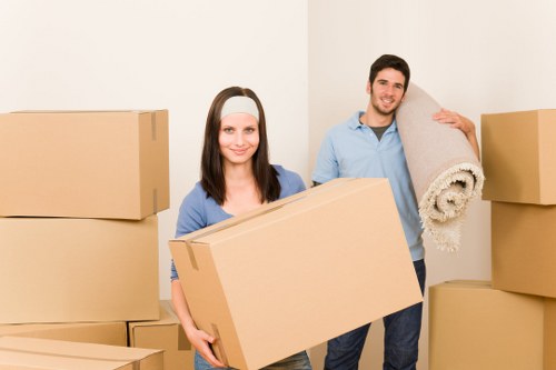 A young woman with long dark hair, wearing a light-colored headband and a blue top, standing inside a room filled with stacked cardboard moving boxes, holding a large box in front of her. Next to her, a young man with short dark hair, wearing a light blue shirt and dark trousers, smiling and carrying a rolled-up beige carpet. The space is a plain, light-colored interior with no visible furniture or decorations, indicating a typical house or flat being prepared for relocation. The boxes vary in size and are sealed with brown packing tape, suggesting they are packed for a move. The image conveys an organized scene of household items ready for removal, associated with professional house removals services in the Paddington area, demonstrating the process of packing and transporting personal belongings safely and efficiently by Paddington Man with Van.